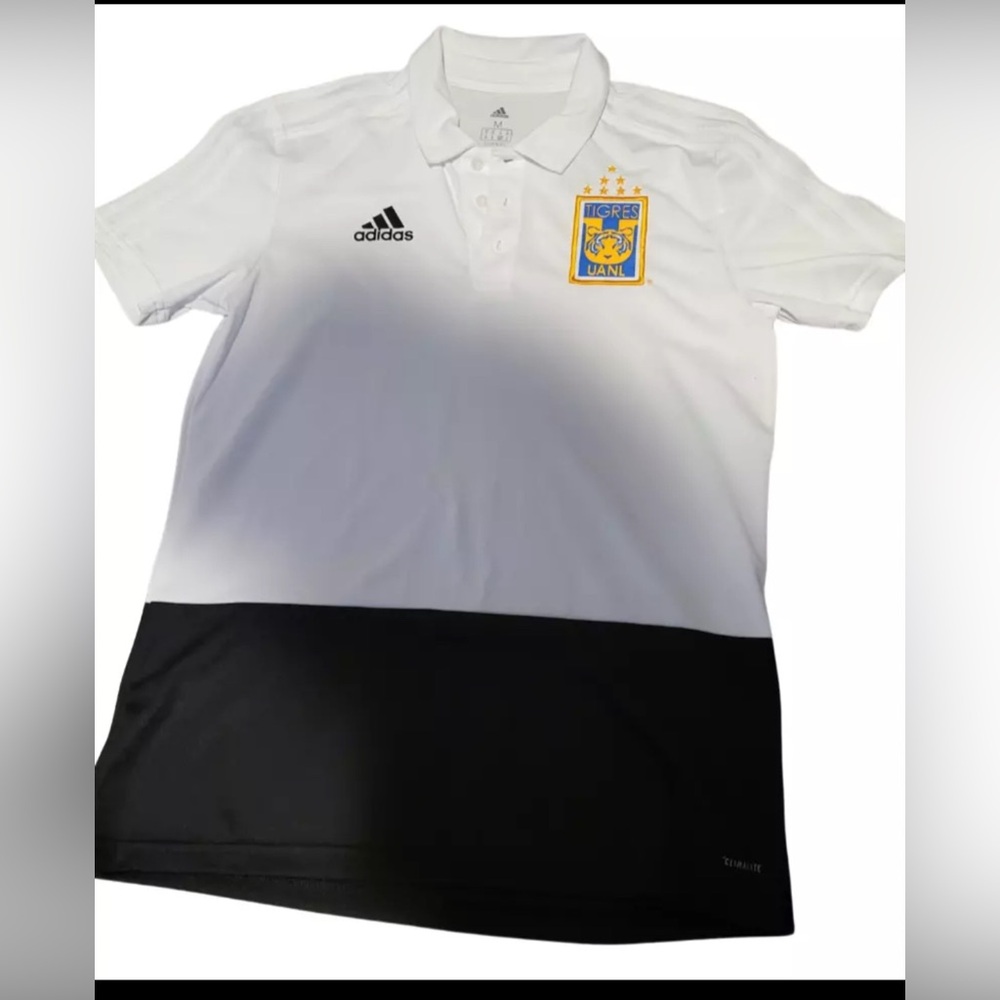Adidas White Polo Shirt with Black Logo and Gold Emblem from Tigres UANL soccer